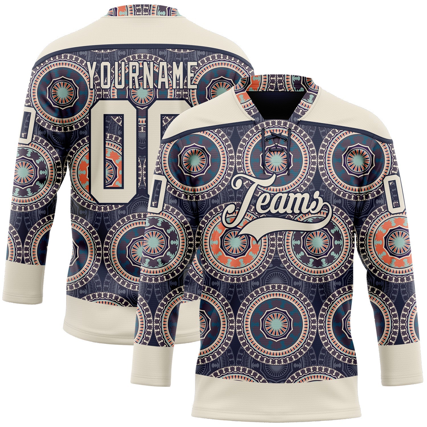 Custom Navy Cream-Orange 3D Pattern Native Americans Tribal Indigenous People Hockey Lace Neck Jersey - Main View