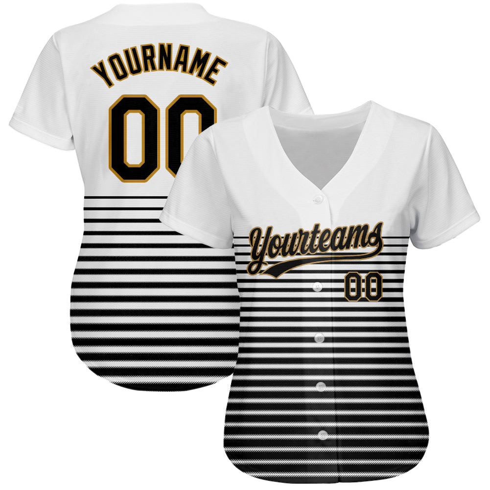 Custom White Black-Old Gold 3D Pattern Design Authentic Baseball Jersey view 2