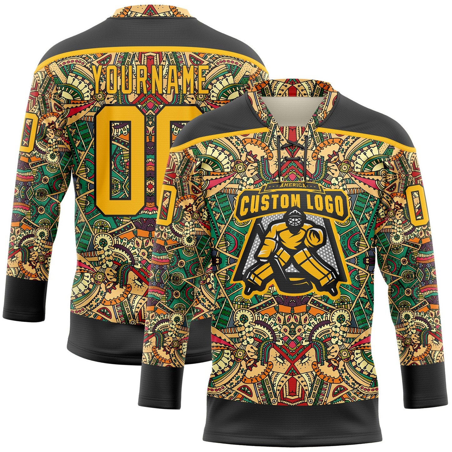 Custom Black Gold 3D Pattern Native Americans Tribal Indigenous People Hockey Lace Neck Jersey view 2