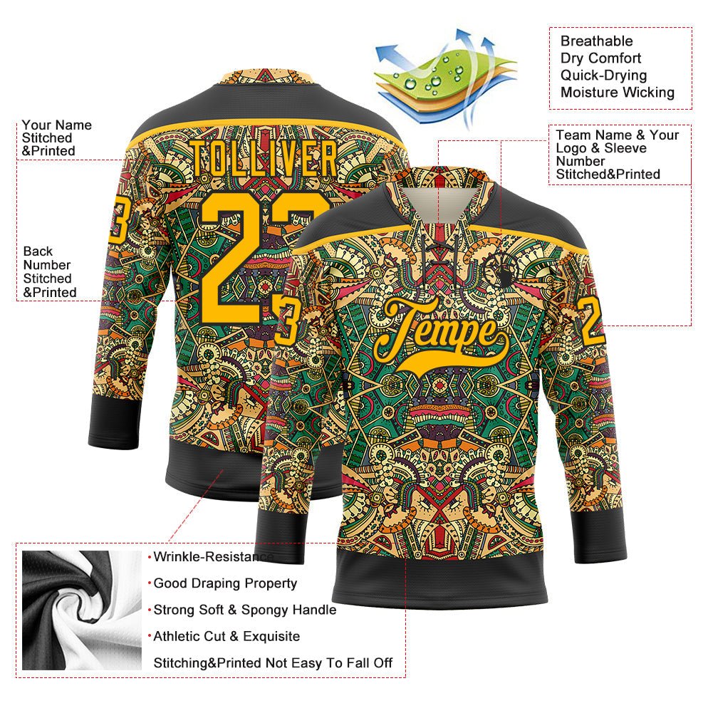 Custom Black Gold 3D Pattern Native Americans Tribal Indigenous People Hockey Lace Neck Jersey view 5