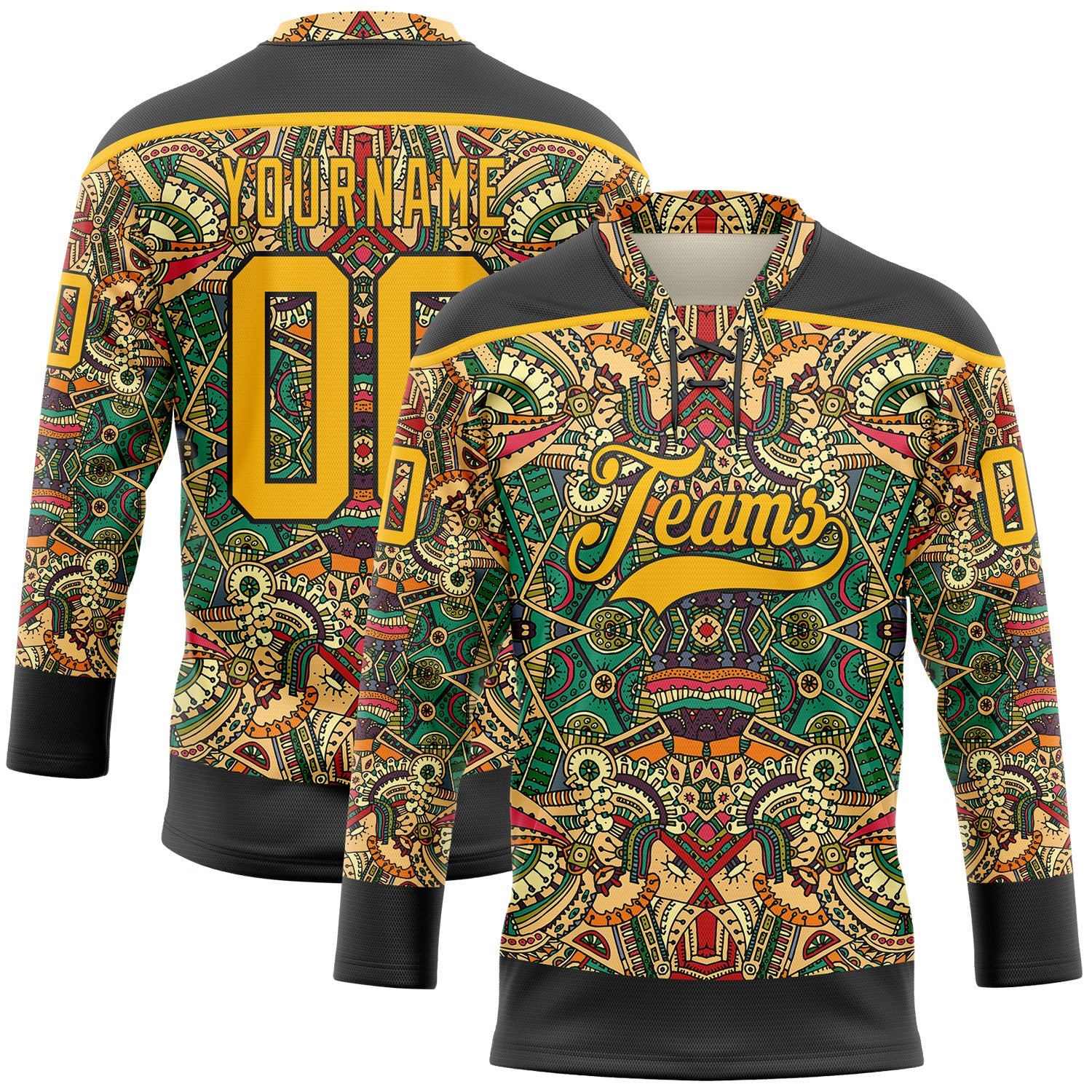 Custom Black Gold 3D Pattern Native Americans Tribal Indigenous People Hockey Lace Neck Jersey - Main View