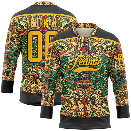 Custom Black Gold 3D Pattern Native Americans Tribal Indigenous People Hockey Lace Neck Jersey - Main View