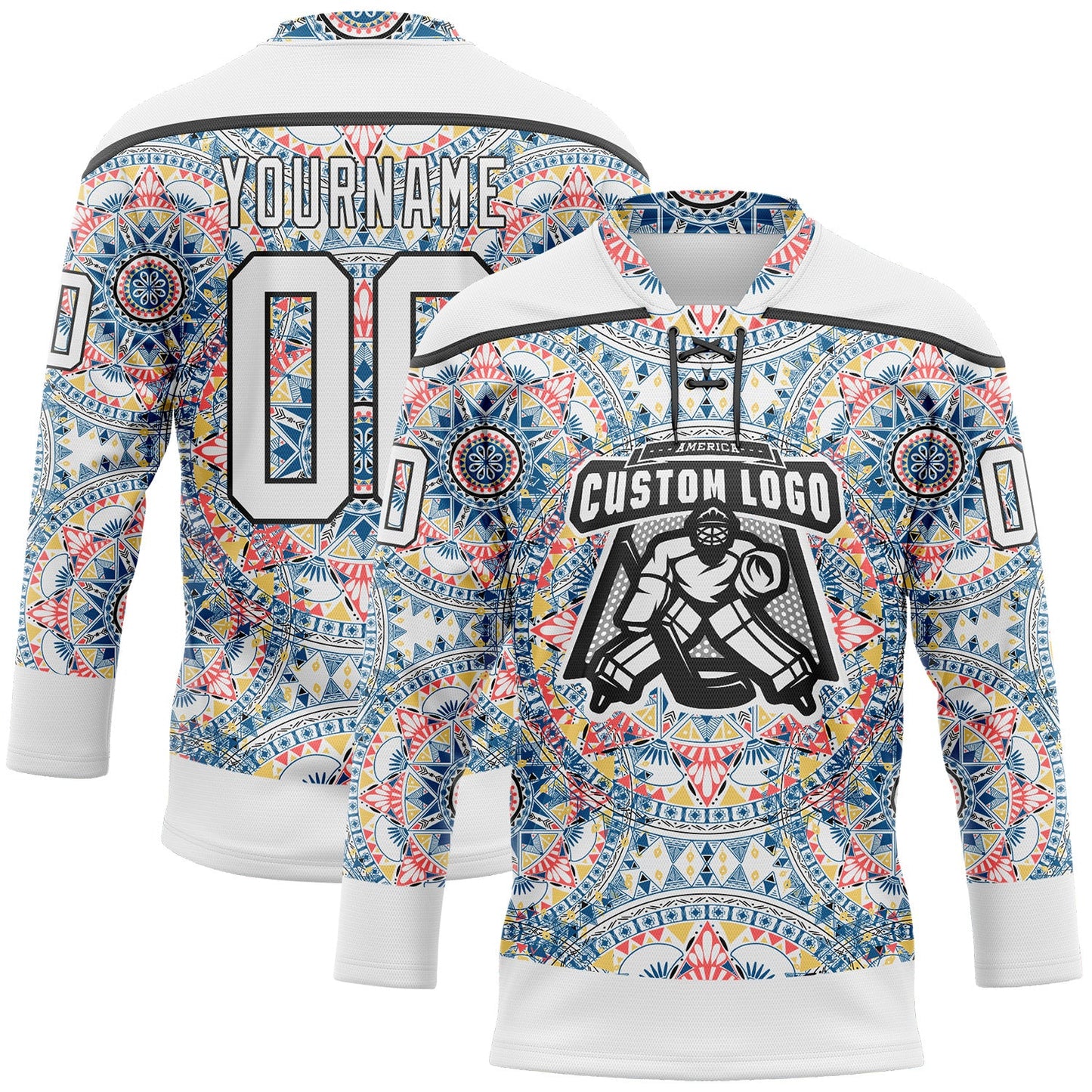 Custom White Black 3D Pattern Native Americans Tribal Indigenous People Hockey Lace Neck Jersey view 2