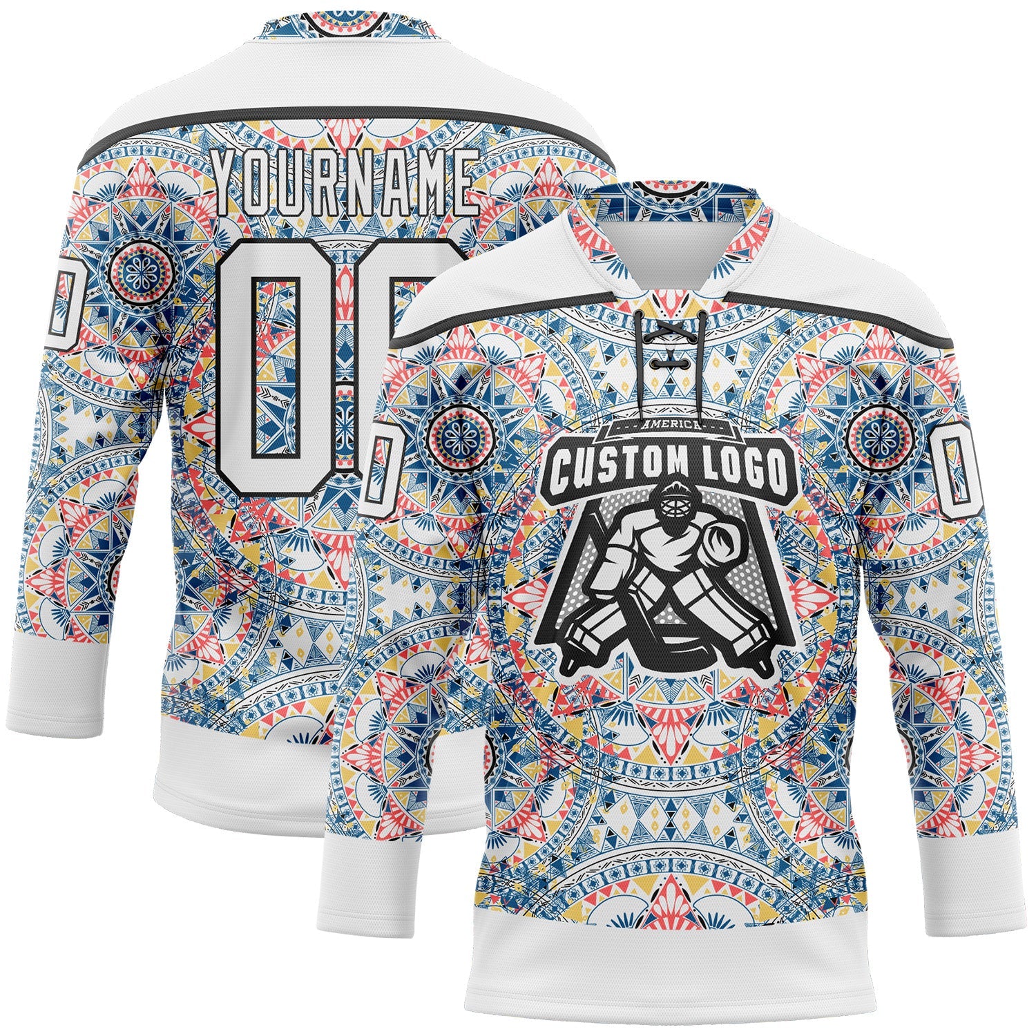 Custom White Black 3D Pattern Native Americans Tribal Indigenous People Hockey Lace Neck Jersey view 2