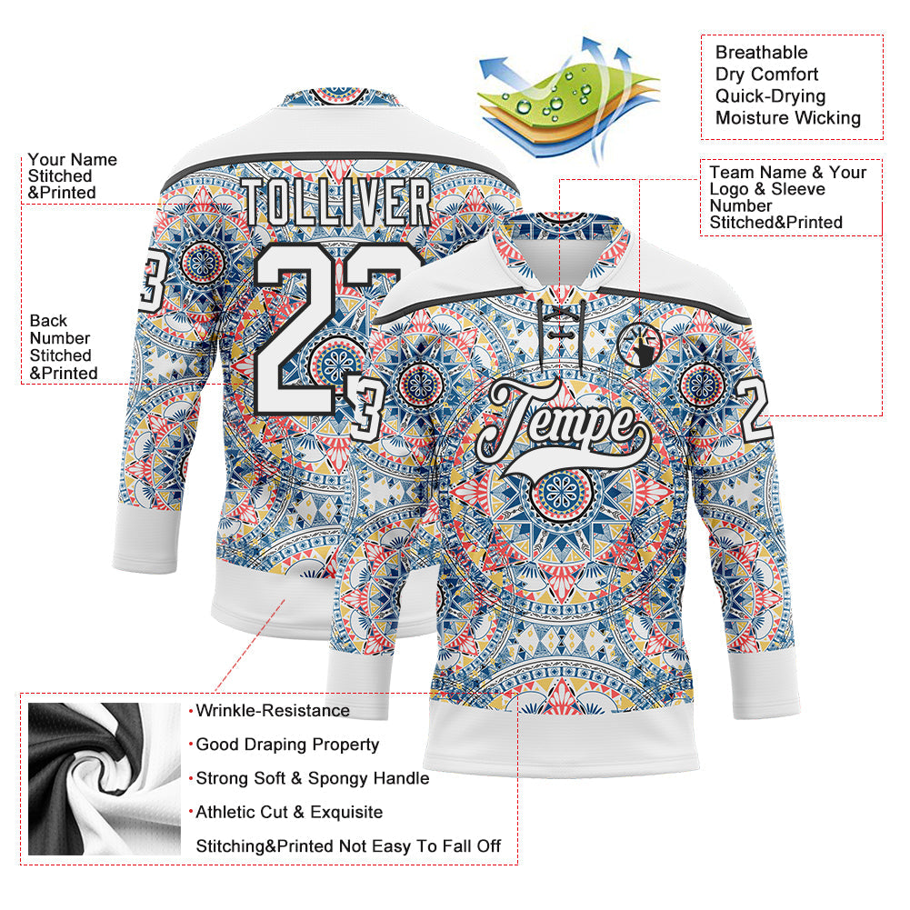 Custom White Black 3D Pattern Native Americans Tribal Indigenous People Hockey Lace Neck Jersey view 5