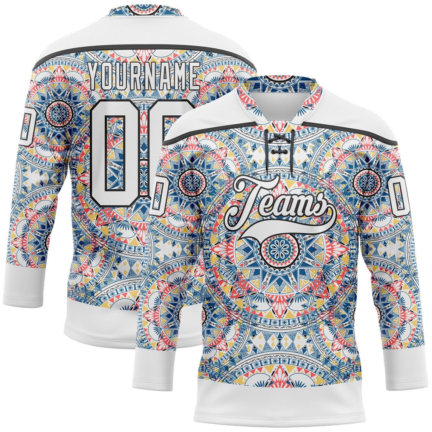 Custom White Black 3D Pattern Native Americans Tribal Indigenous People Hockey Lace Neck Jersey - Main View