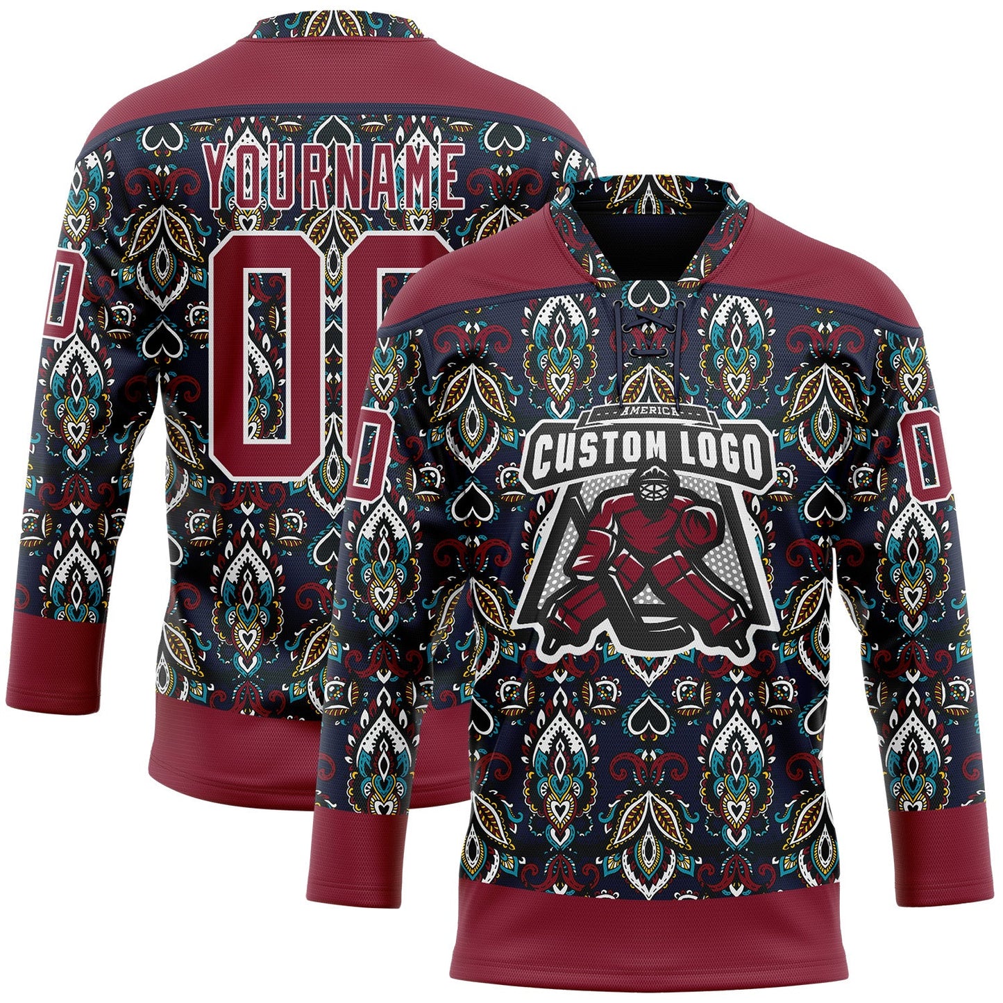 Custom Navy Crimson-White 3D Pattern Native Americans Tribal Indigenous People Hockey Lace Neck Jersey view 2