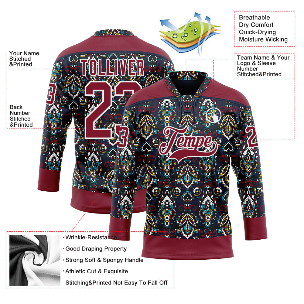 Custom Navy Crimson-White 3D Pattern Native Americans Tribal Indigenous People Hockey Lace Neck Jersey view 5