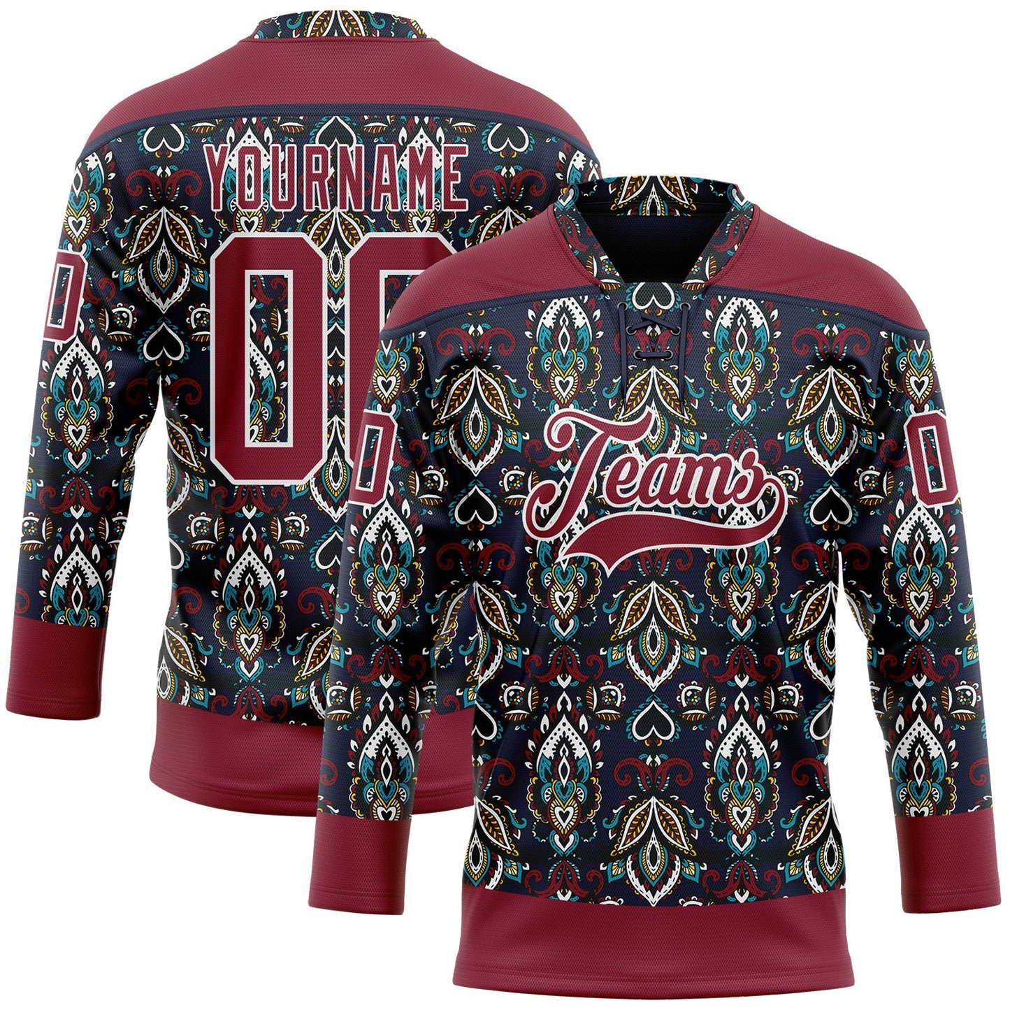 Custom Navy Crimson-White 3D Pattern Native Americans Tribal Indigenous People Hockey Lace Neck Jersey - Main View