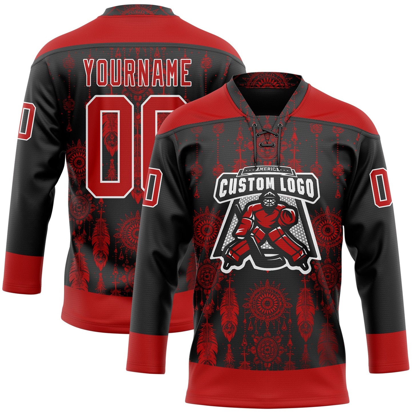 Custom Black Red-White 3D Pattern Native Americans Tribal Indigenous People Hockey Lace Neck Jersey view 2
