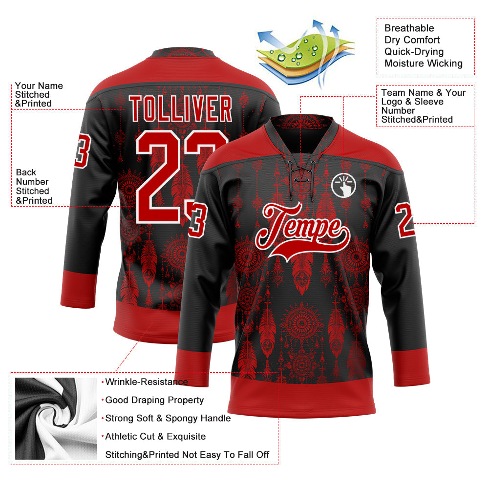 Custom Black Red-White 3D Pattern Native Americans Tribal Indigenous People Hockey Lace Neck Jersey view 5