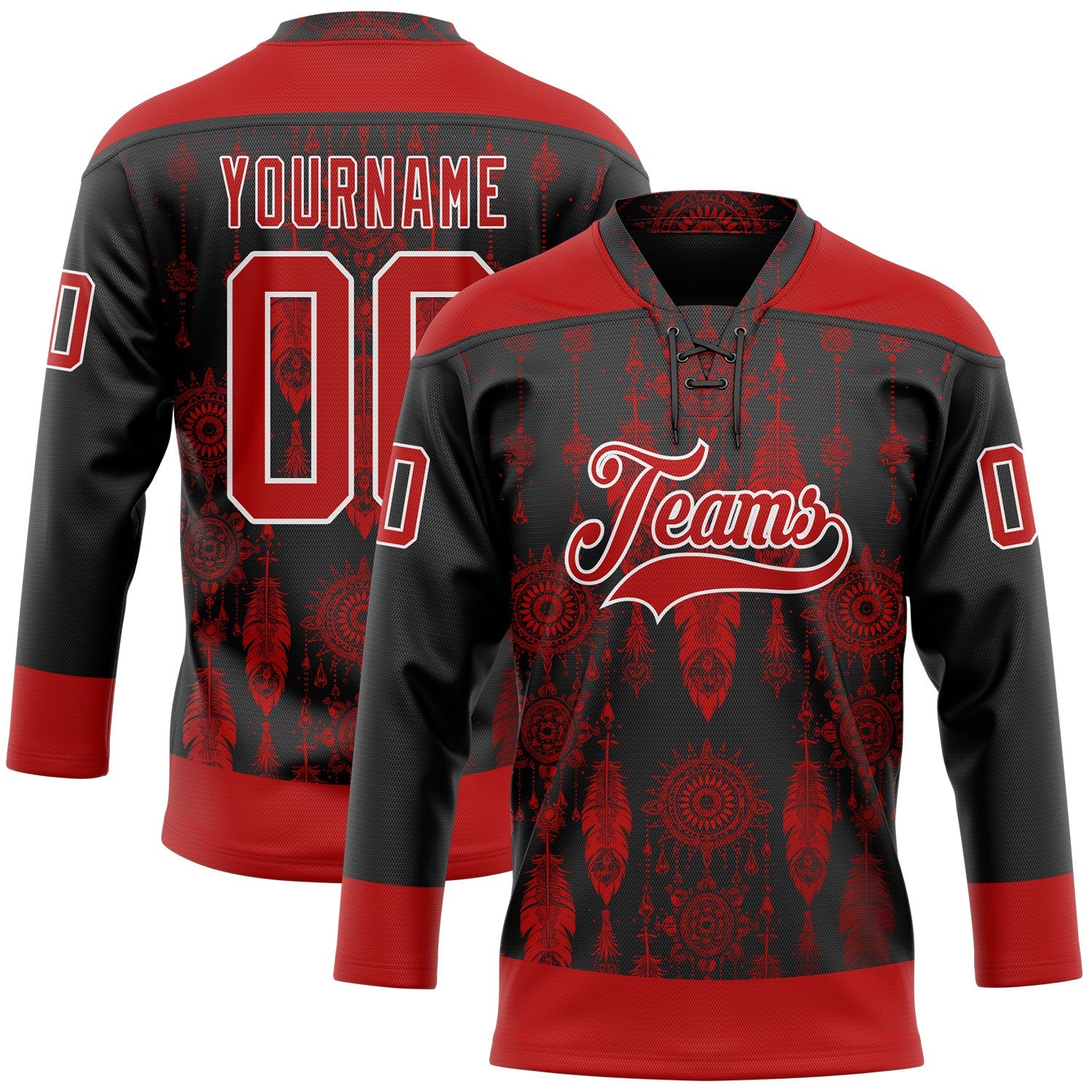 Custom Black Red-White 3D Pattern Native Americans Tribal Indigenous People Hockey Lace Neck Jersey - Main View