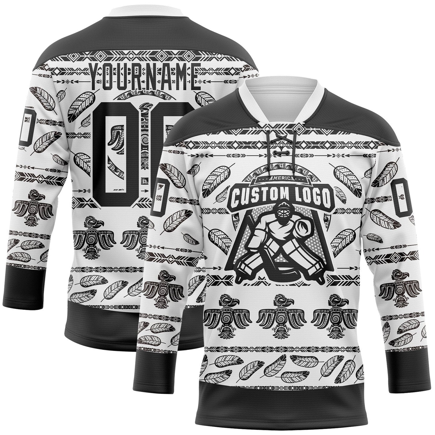 Custom White Black 3D Pattern Native Americans Tribal Indigenous People Hockey Lace Neck Jersey view 2