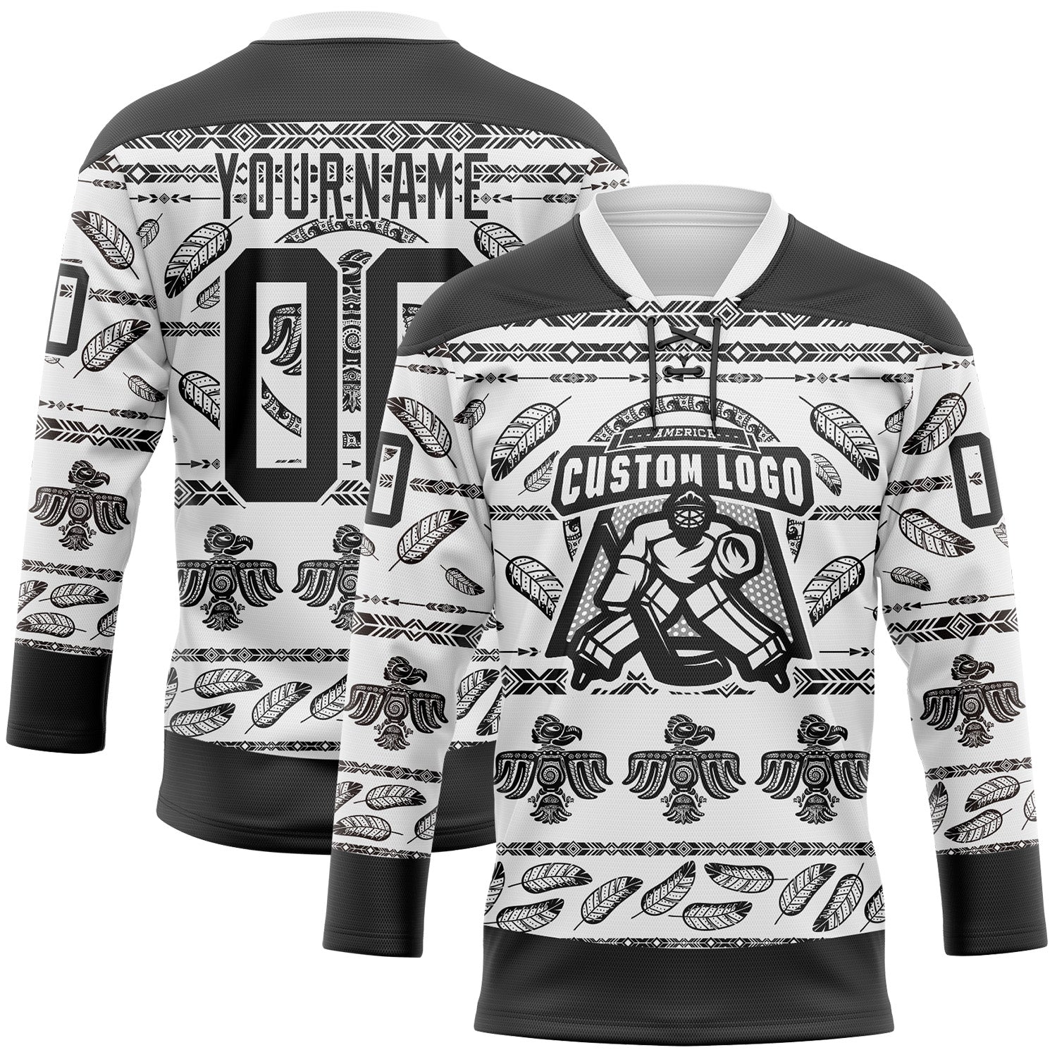 Custom White Black 3D Pattern Native Americans Tribal Indigenous People Hockey Lace Neck Jersey view 2