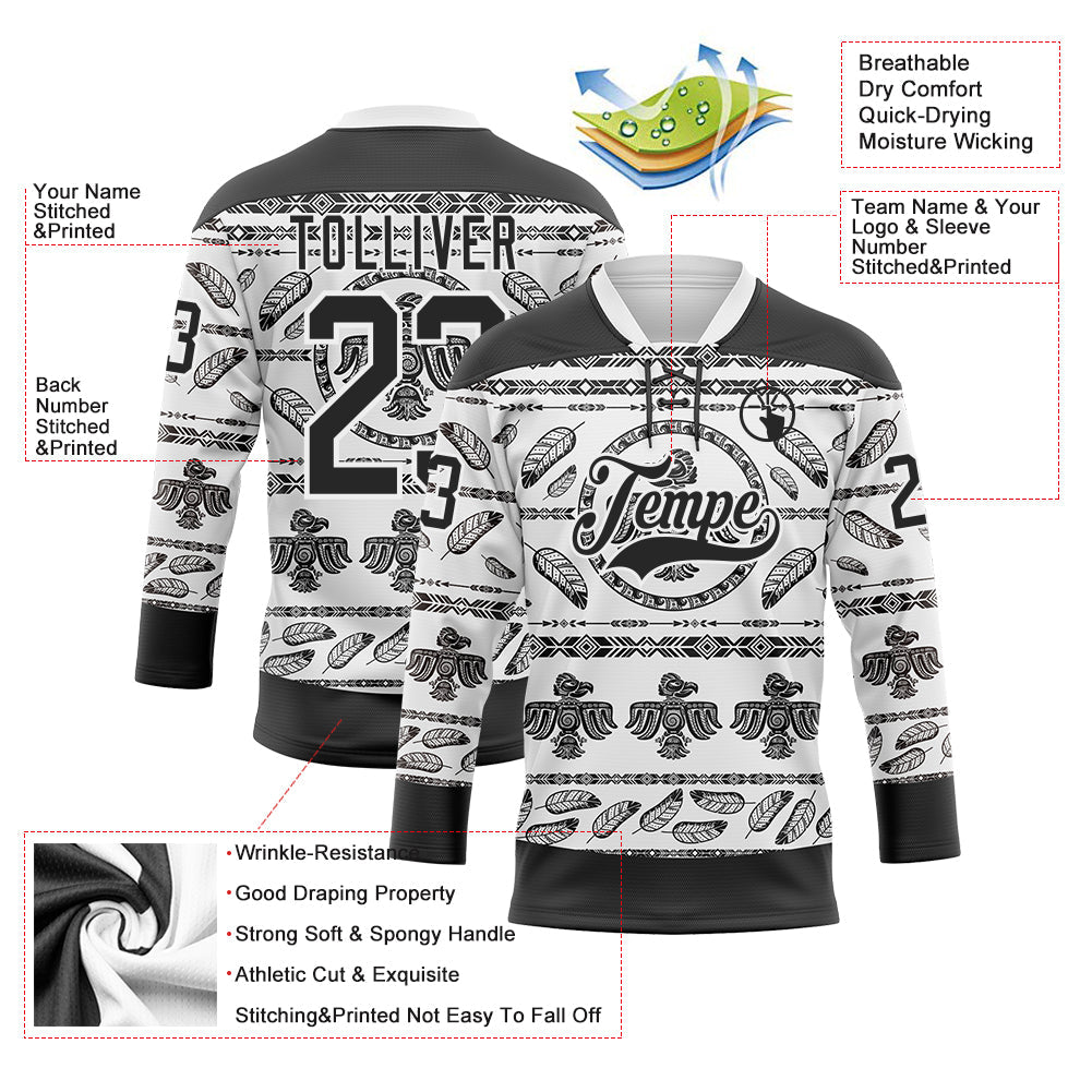 Custom White Black 3D Pattern Native Americans Tribal Indigenous People Hockey Lace Neck Jersey view 5
