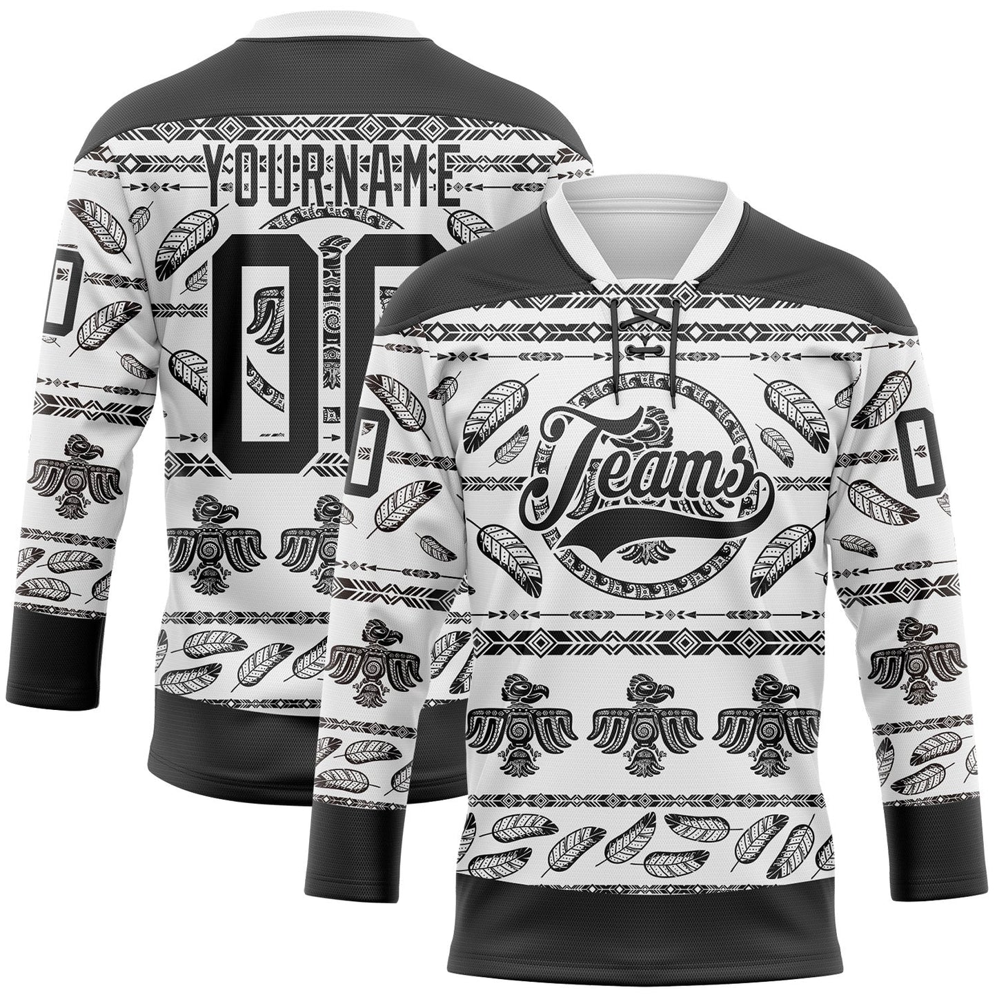 Custom White Black 3D Pattern Native Americans Tribal Indigenous People Hockey Lace Neck Jersey - Main View