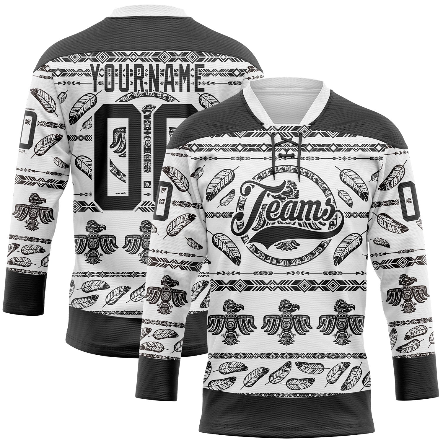 Custom White Black 3D Pattern Native Americans Tribal Indigenous People Hockey Lace Neck Jersey - Main View