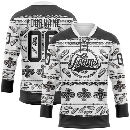Custom White Black 3D Pattern Native Americans Tribal Indigenous People Hockey Lace Neck Jersey - Main View