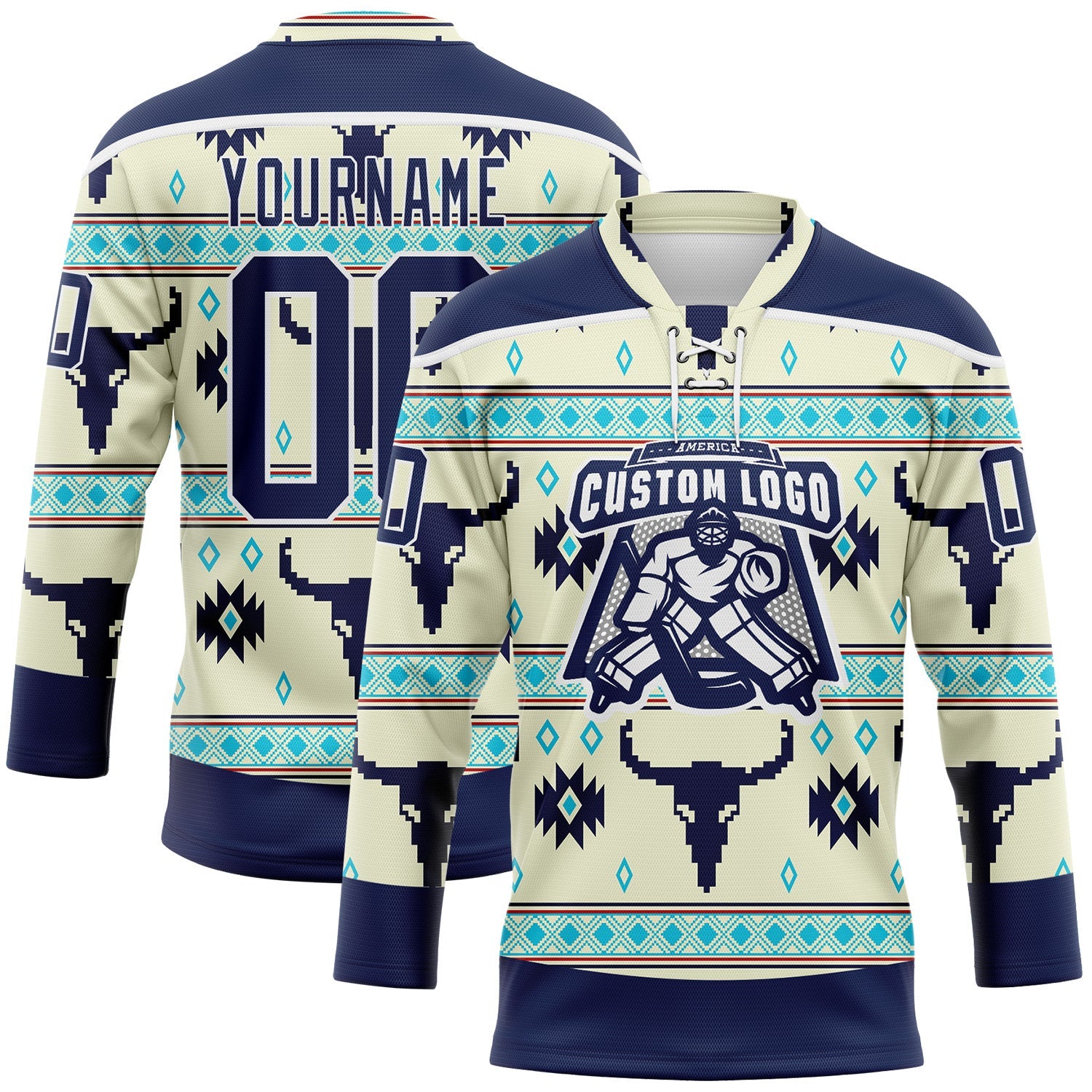 Custom Cream Navy-White 3D Pattern Native Americans Tribal Indigenous People Hockey Lace Neck Jersey view 2