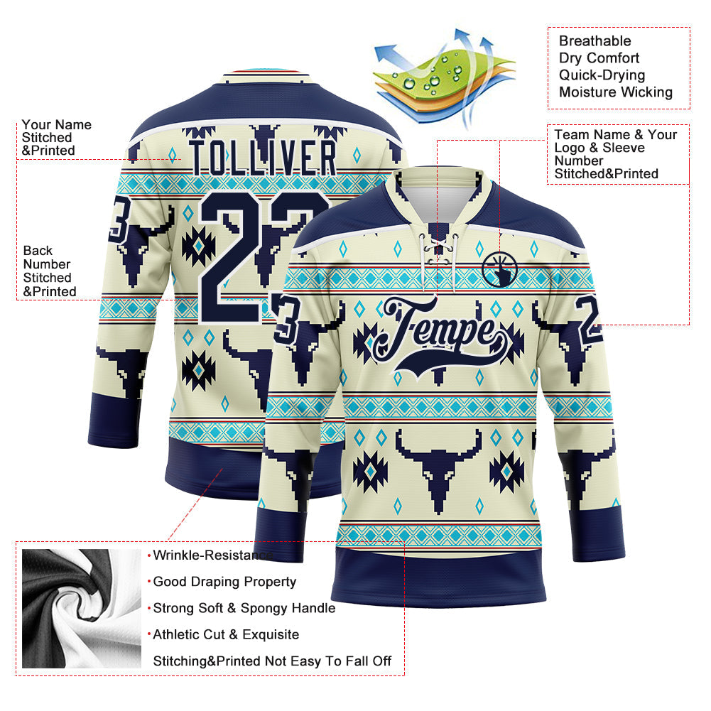 Custom Cream Navy-White 3D Pattern Native Americans Tribal Indigenous People Hockey Lace Neck Jersey view 5