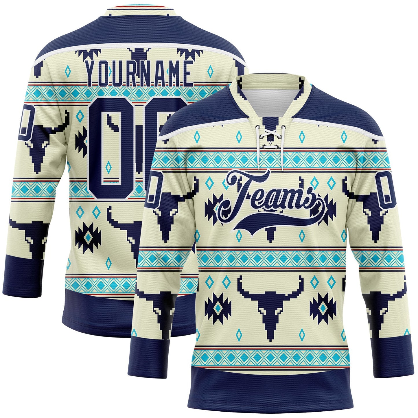 Custom Cream Navy-White 3D Pattern Native Americans Tribal Indigenous People Hockey Lace Neck Jersey - Main View