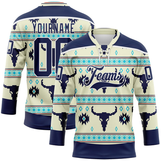 Custom Cream Navy-White 3D Pattern Native Americans Tribal Indigenous People Hockey Lace Neck Jersey - Main View