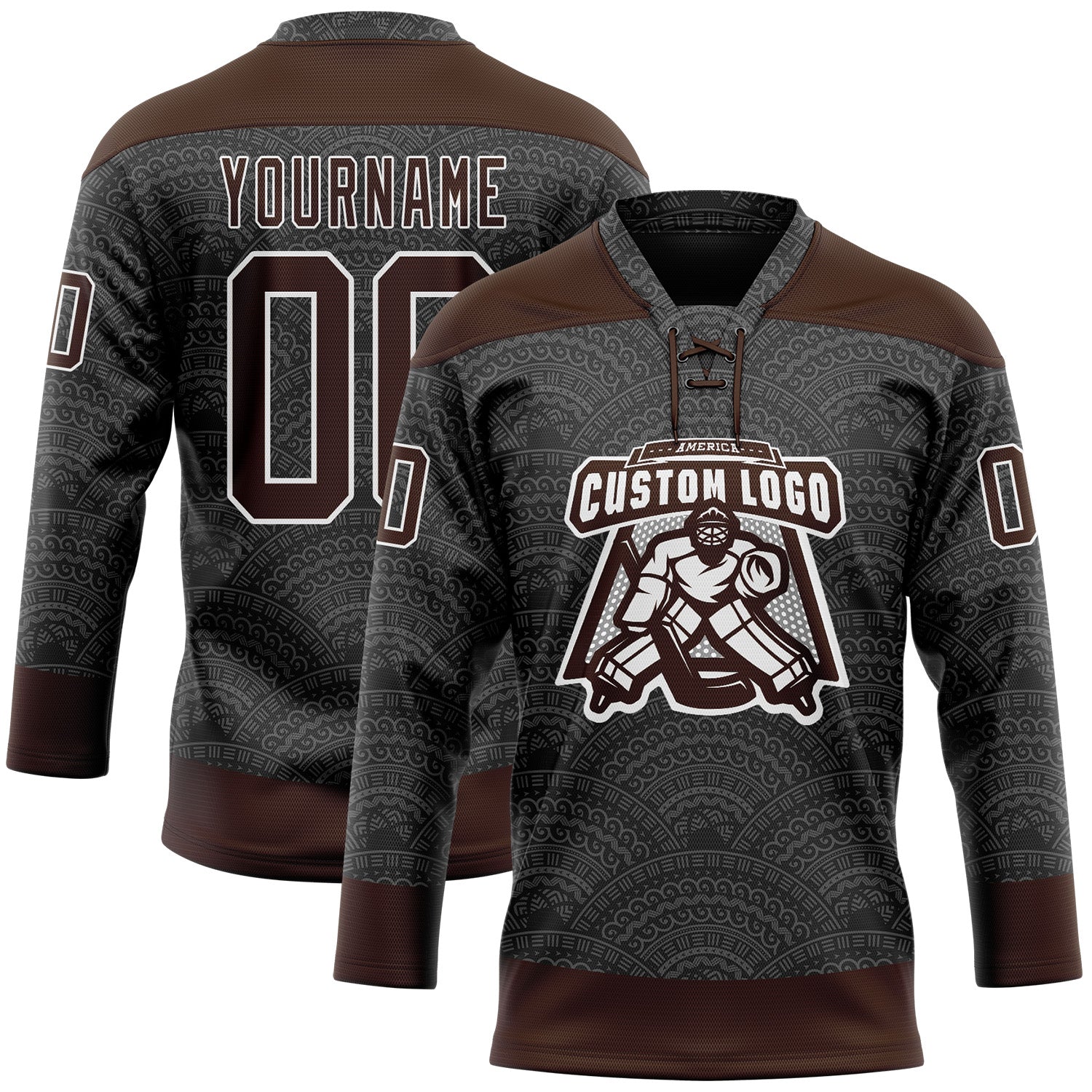 Custom Black Brown-White 3D Pattern Native Americans Tribal Indigenous People Hockey Lace Neck Jersey view 2