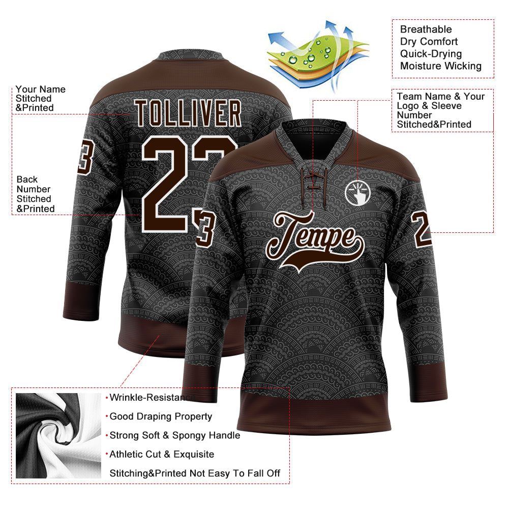 Custom Black Brown-White 3D Pattern Native Americans Tribal Indigenous People Hockey Lace Neck Jersey view 5