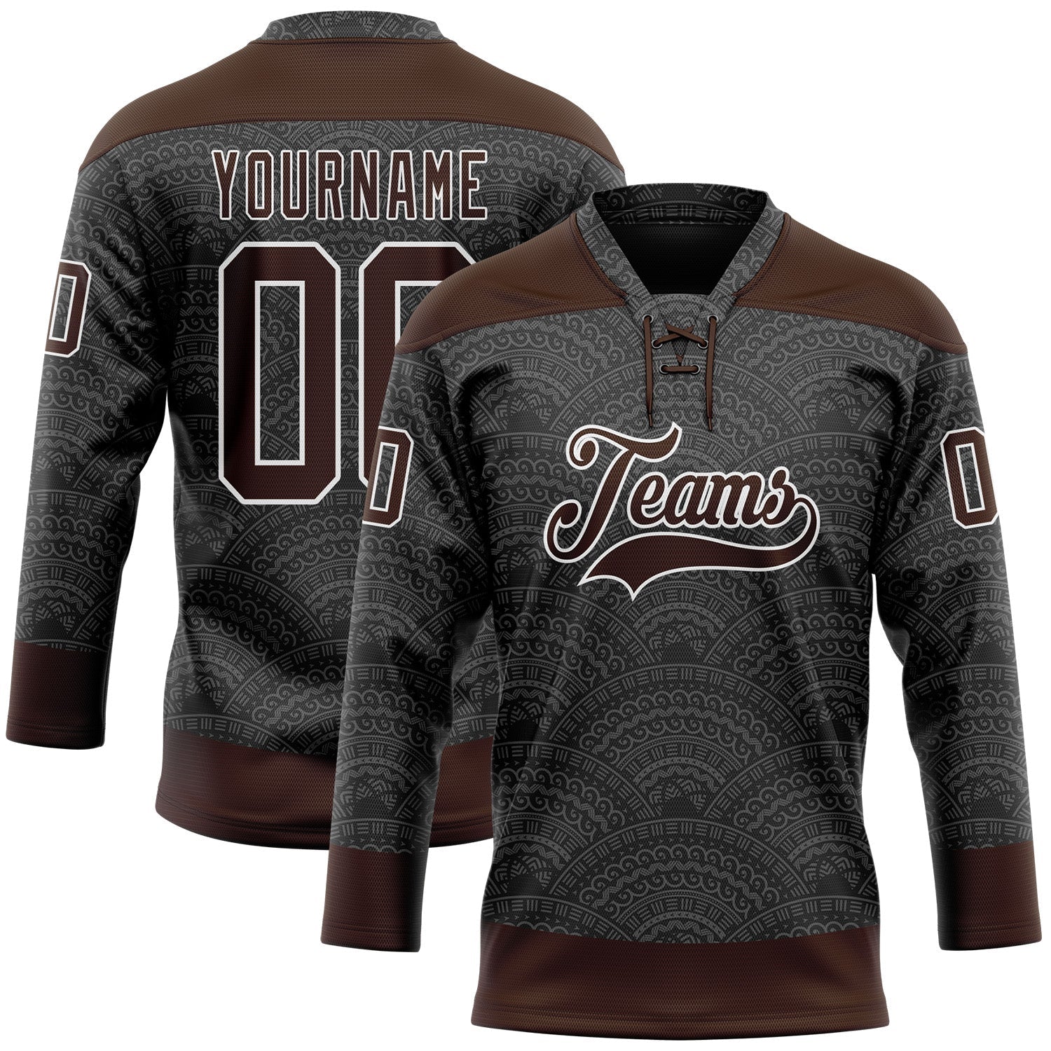 Custom Black Brown-White 3D Pattern Native Americans Tribal Indigenous People Hockey Lace Neck Jersey - Main View
