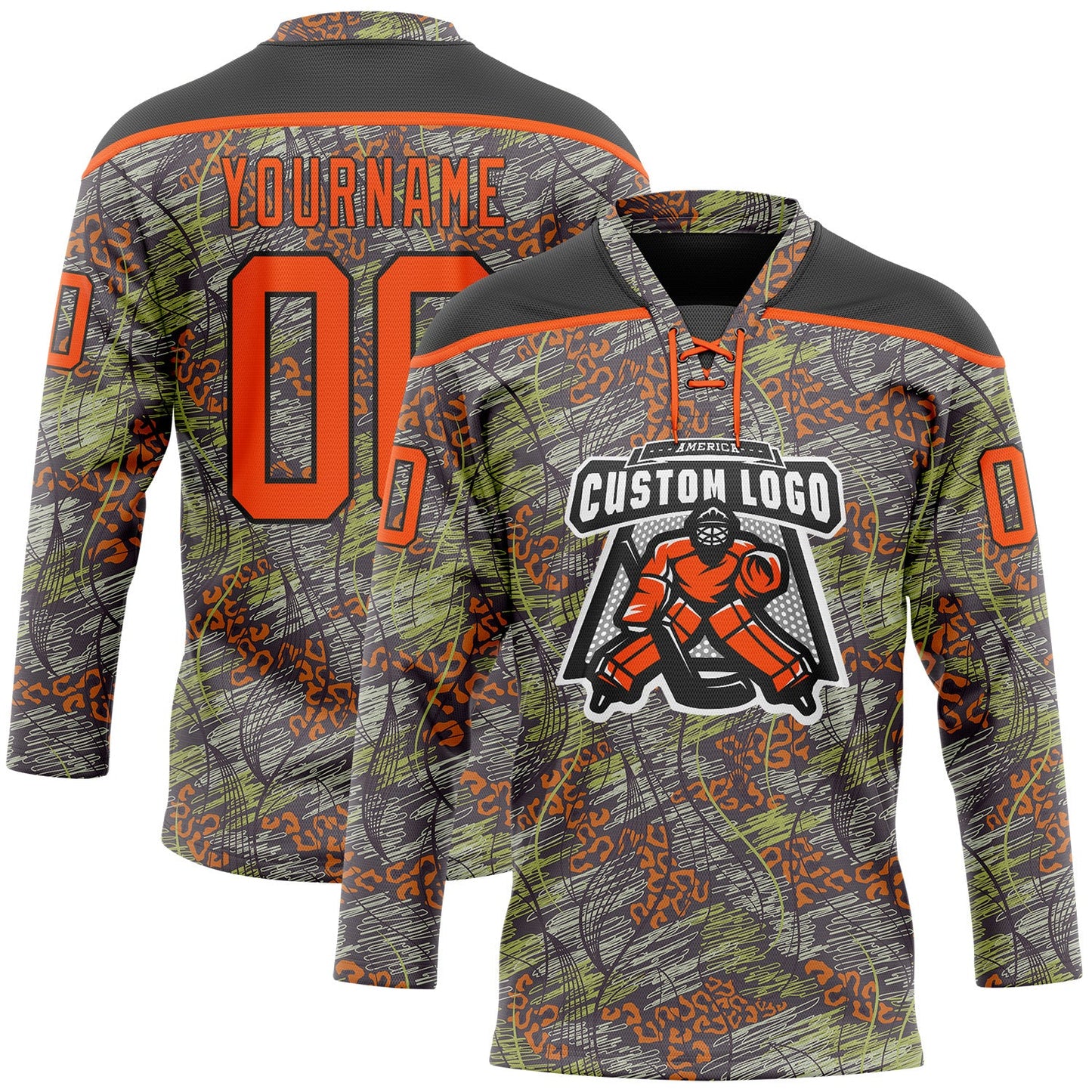 Custom Camo Orange-Black 3D Camouflage Grunge Leopard Hockey Lace Neck Jersey view 2