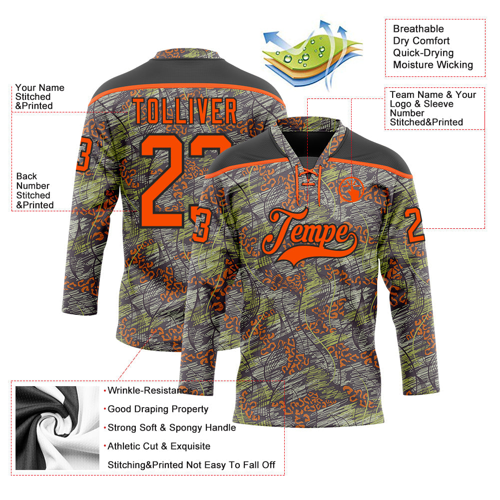Custom Camo Orange-Black 3D Camouflage Grunge Leopard Hockey Lace Neck Jersey view 5
