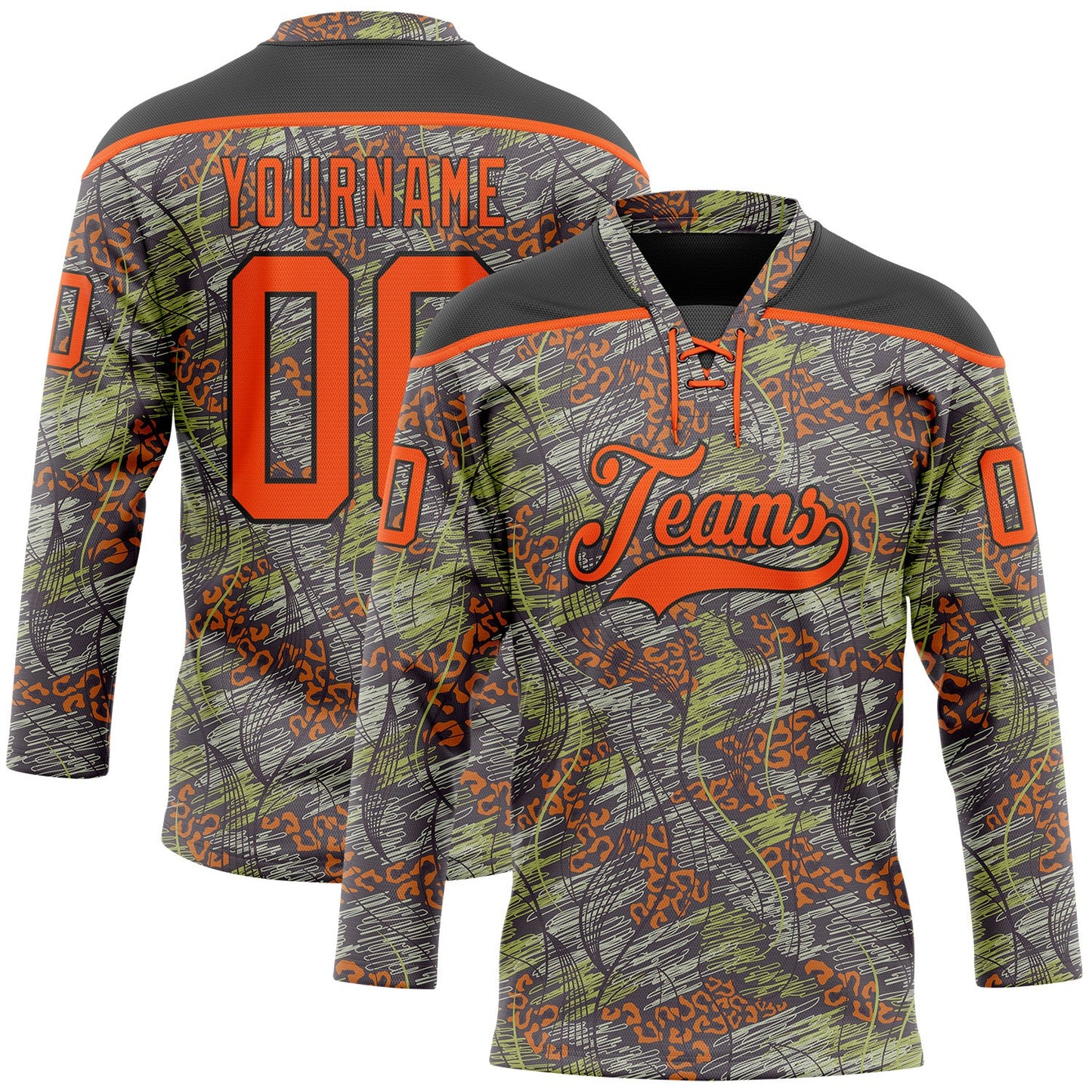 Custom Camo Orange-Black 3D Camouflage Grunge Leopard Hockey Lace Neck Jersey - Main View