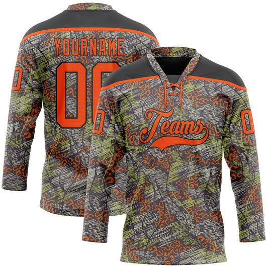 Custom Camo Orange-Black 3D Camouflage Grunge Leopard Hockey Lace Neck Jersey - Main View