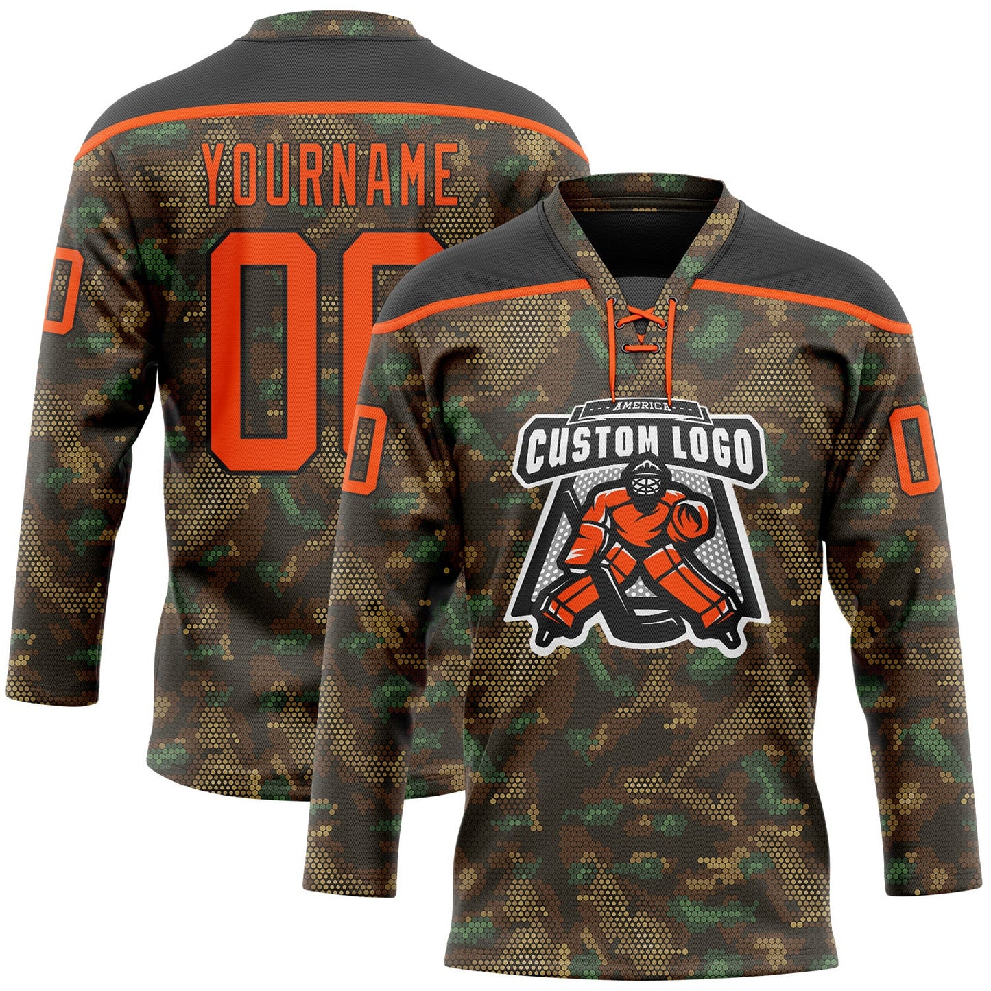 Custom Camo Orange-Black 3D Camouflage Grunge Digital Hockey Lace Neck Jersey view 2
