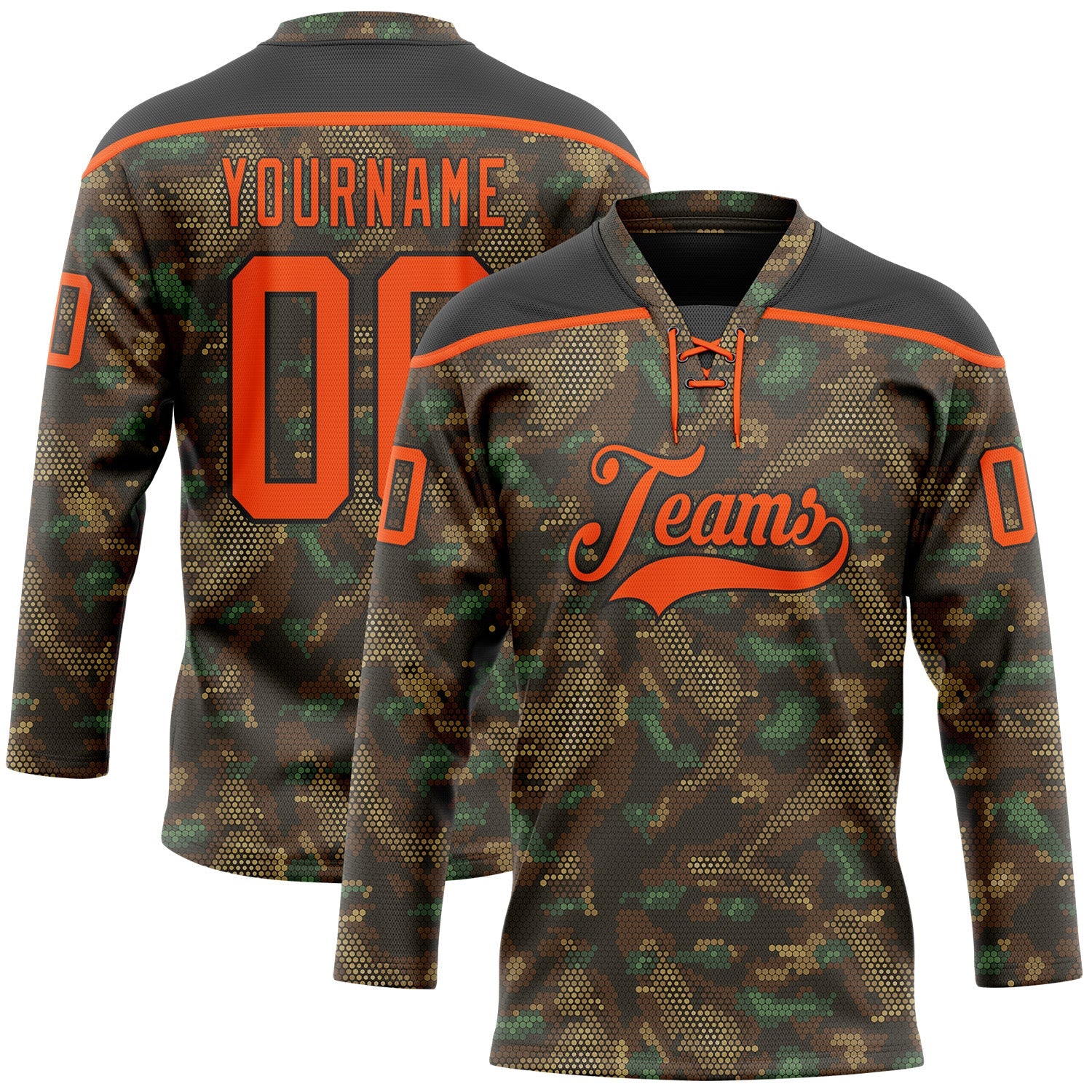 Custom Camo Orange-Black 3D Camouflage Grunge Digital Hockey Lace Neck Jersey - Main View