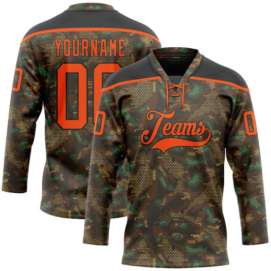 Custom Camo Orange-Black 3D Camouflage Grunge Digital Hockey Lace Neck Jersey - Main View