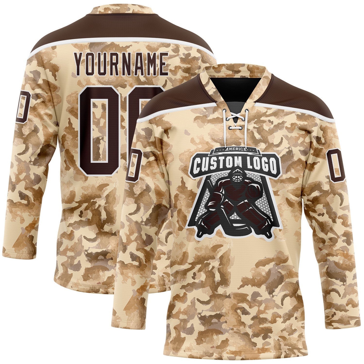 Custom Camo Brown-White 3D Camouflage Grunge Desert Hockey Lace Neck Jersey view 2