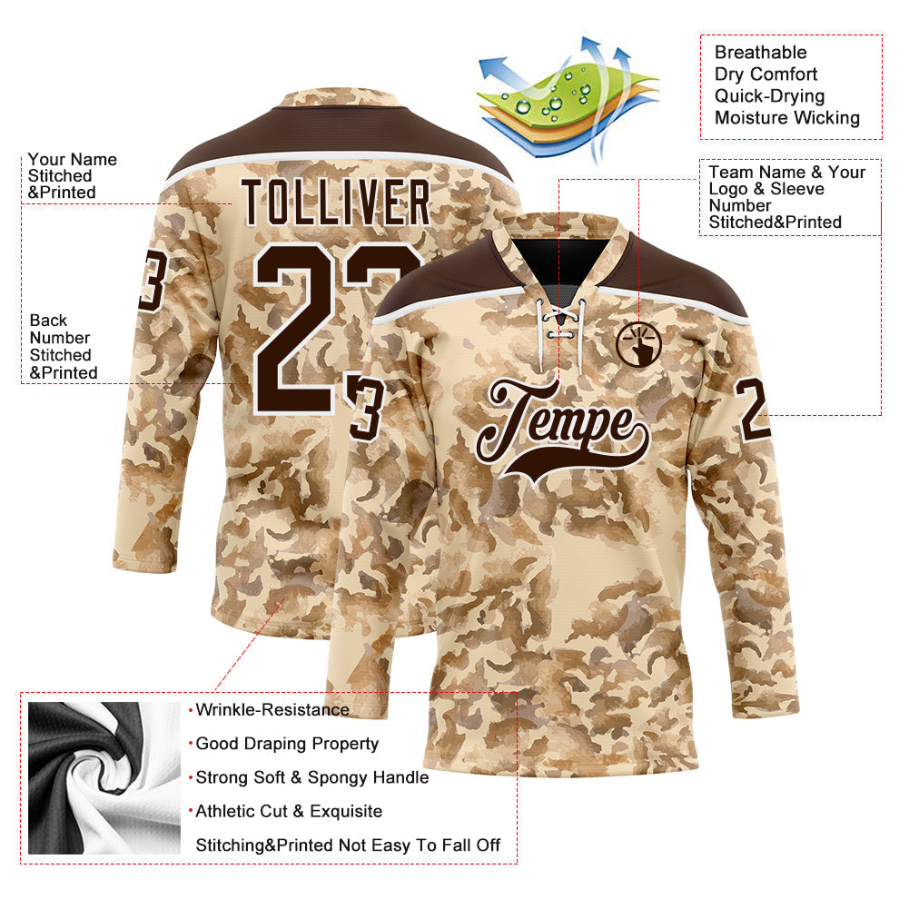 Custom Camo Brown-White 3D Camouflage Grunge Desert Hockey Lace Neck Jersey view 5