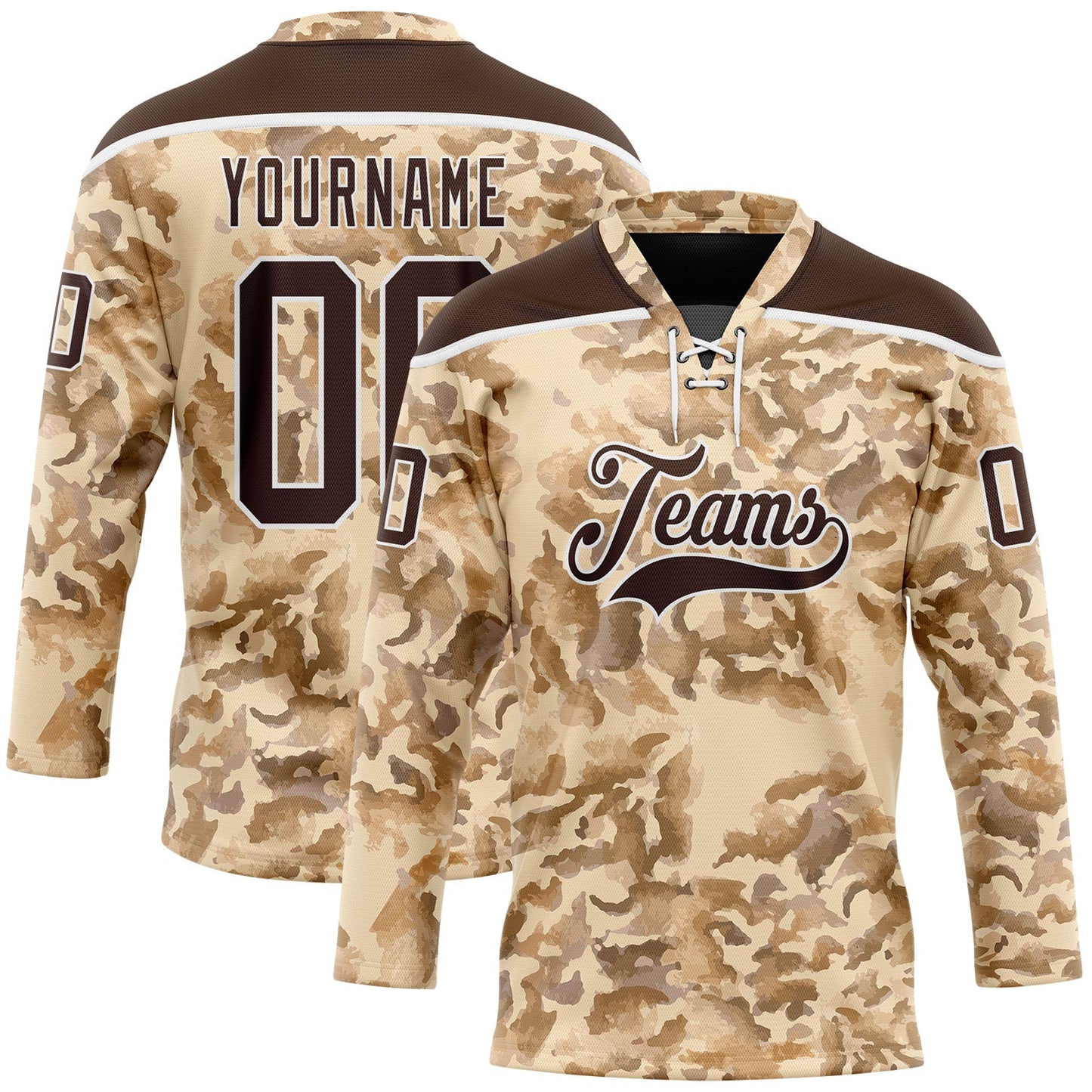Custom Camo Brown-White 3D Camouflage Grunge Desert Hockey Lace Neck Jersey - Main View
