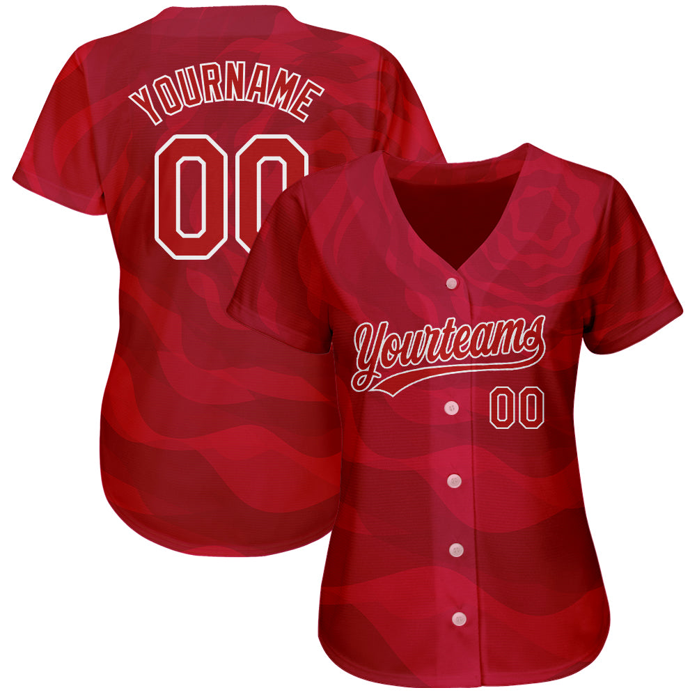 Custom Red Red-White 3D Pattern Design Authentic Baseball Jersey view 2