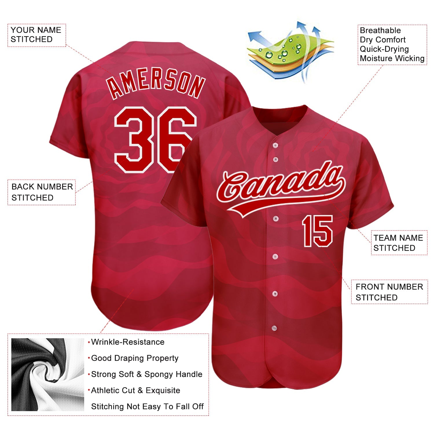 Custom Red Red-White 3D Pattern Design Authentic Baseball Jersey view 3