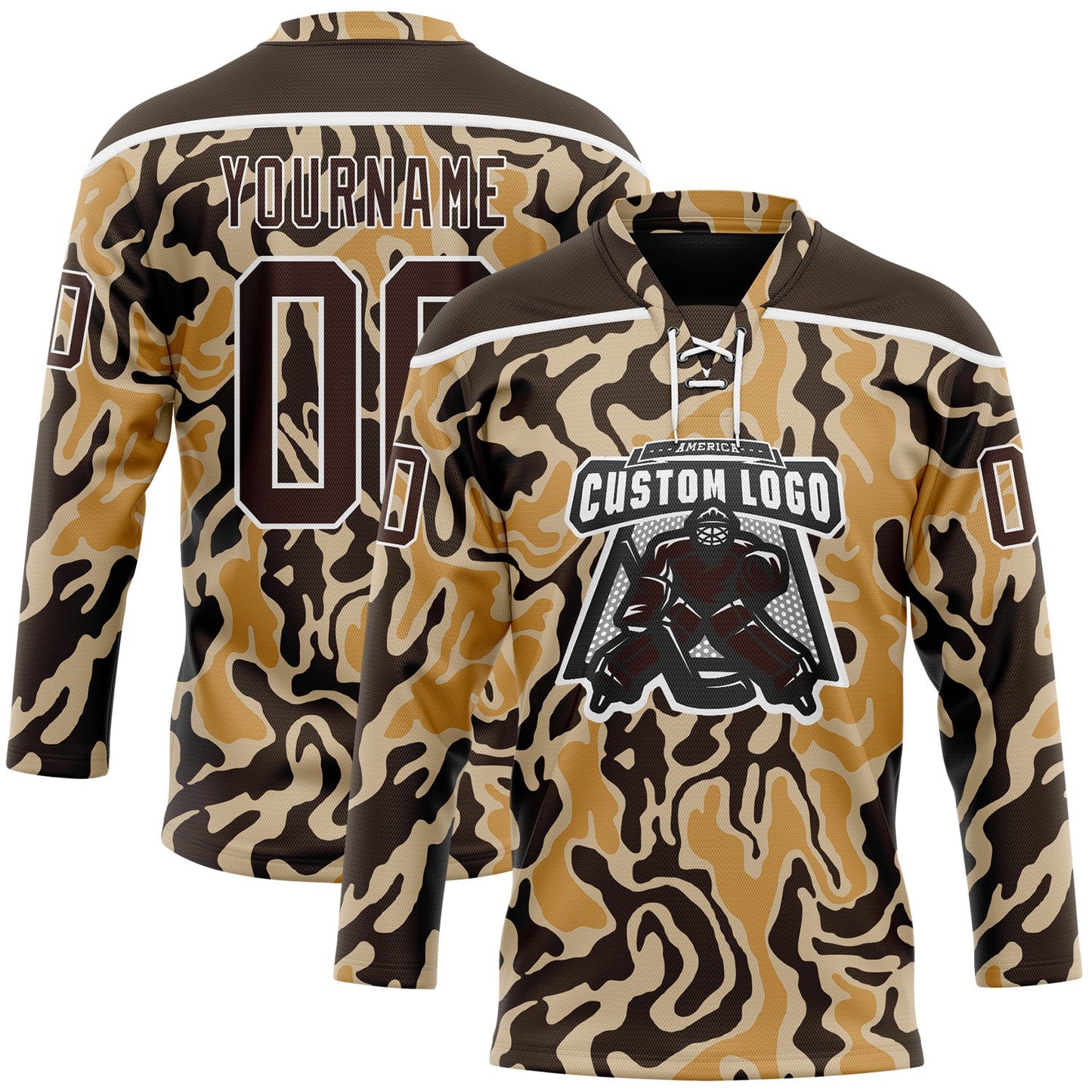 Custom Camo Brown-White 3D Camouflage Hockey Lace Neck Jersey view 2