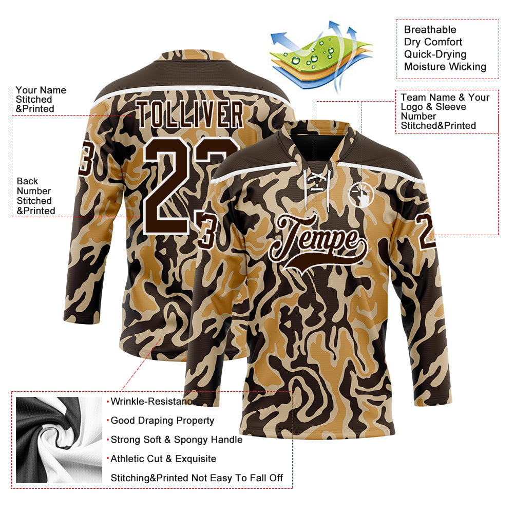 Custom Camo Brown-White 3D Camouflage Hockey Lace Neck Jersey view 5