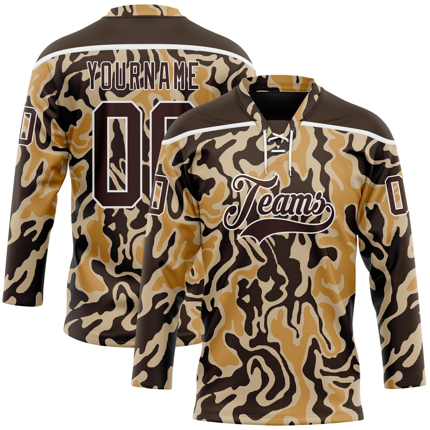 Custom Camo Brown-White 3D Camouflage Hockey Lace Neck Jersey - Main View