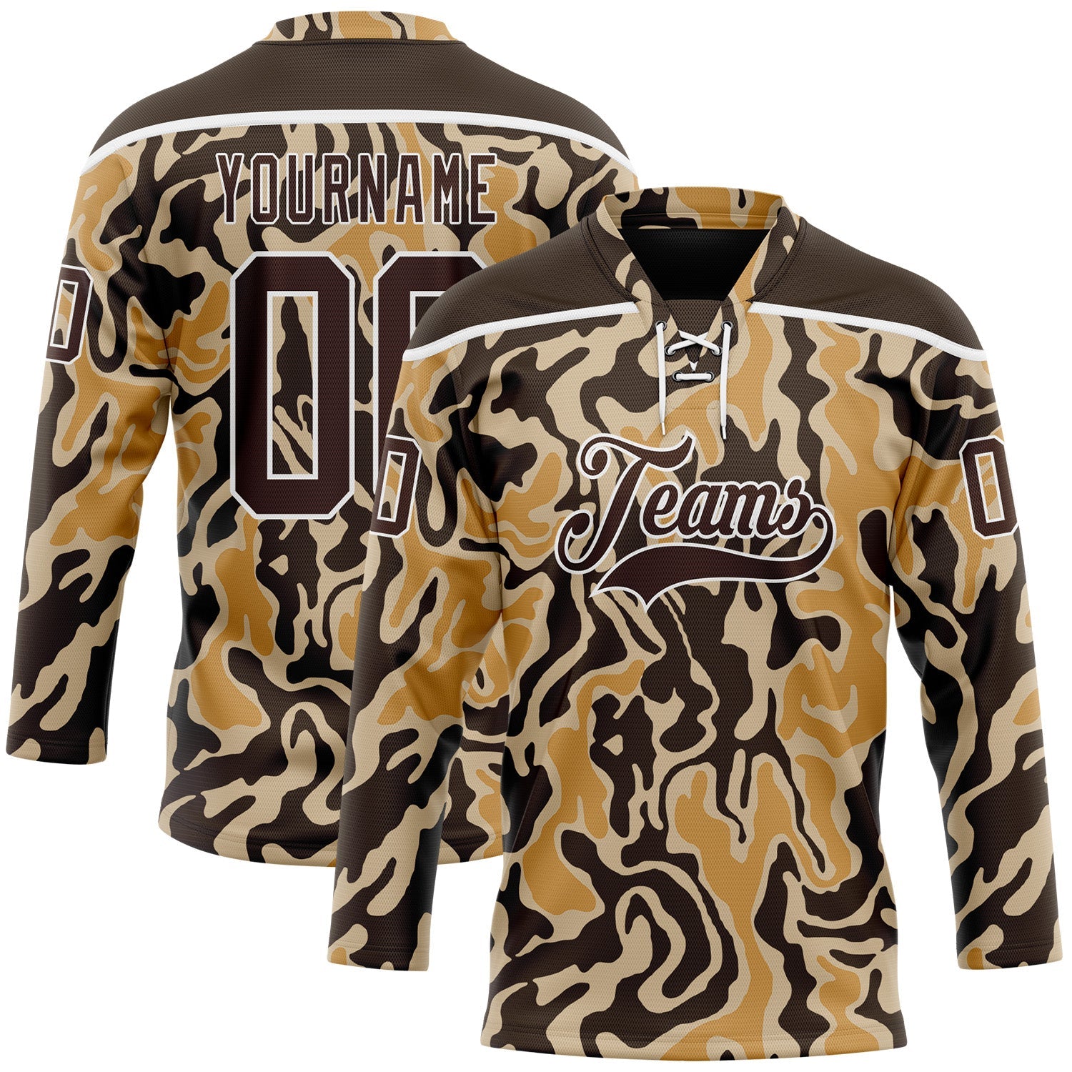 Custom Camo Brown-White 3D Camouflage Hockey Lace Neck Jersey - Main View
