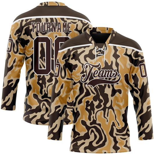 Custom Camo Brown-White 3D Camouflage Hockey Lace Neck Jersey - Main View
