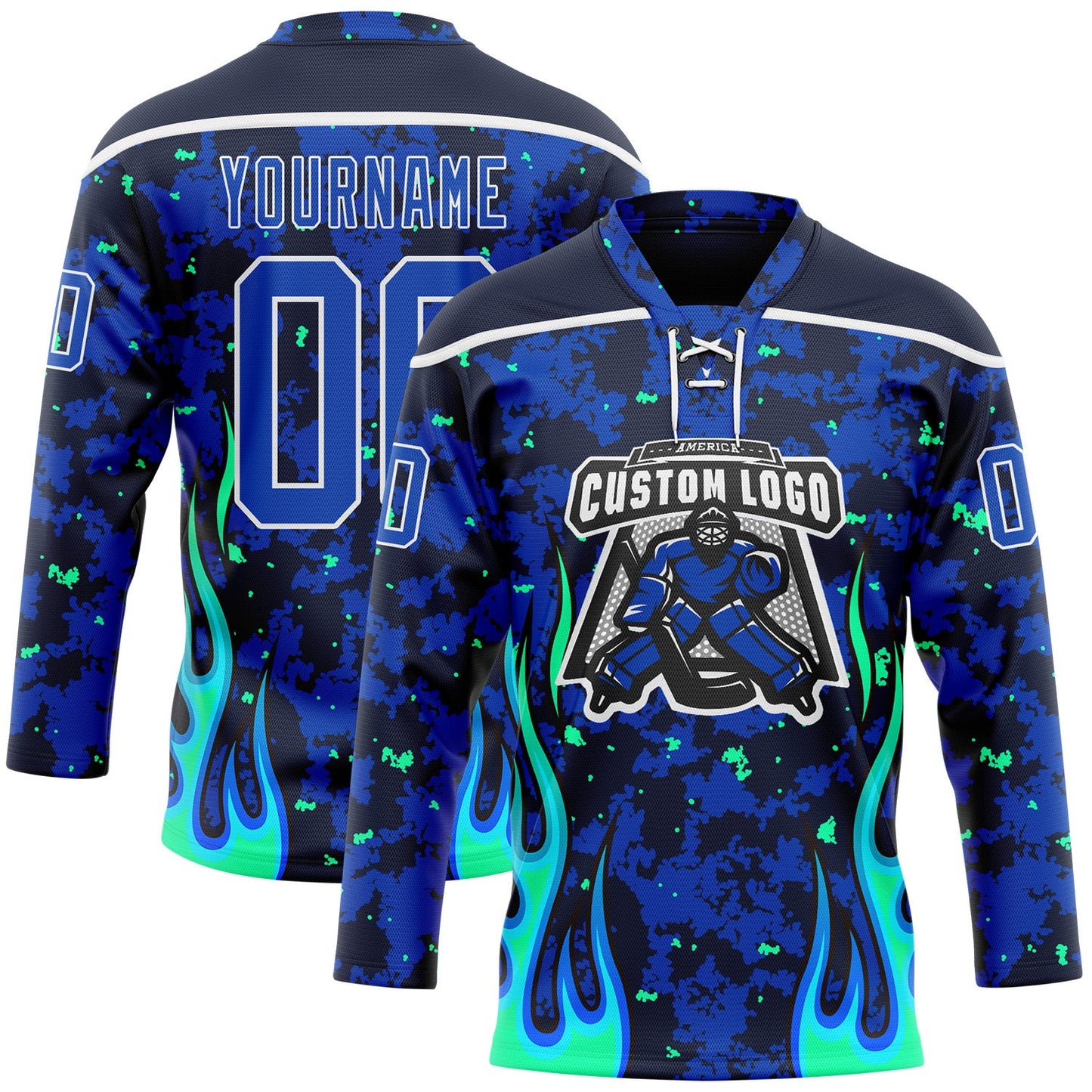 Custom Camo Thunder Blue Navy Green-White 3D Camouflage Flame Hockey Lace Neck Jersey view 2