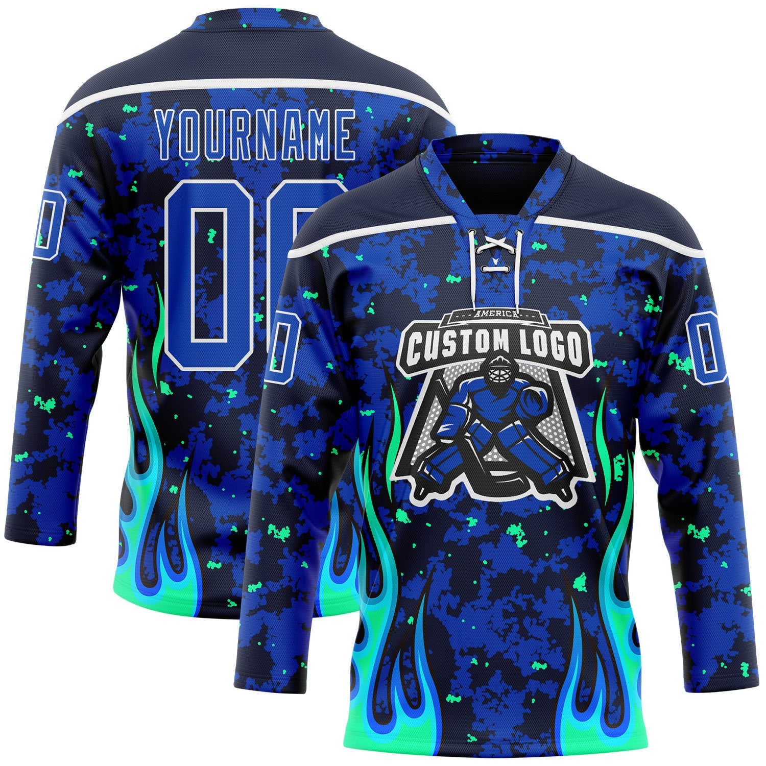 Custom Camo Thunder Blue Navy Green-White 3D Camouflage Flame Hockey Lace Neck Jersey view 2