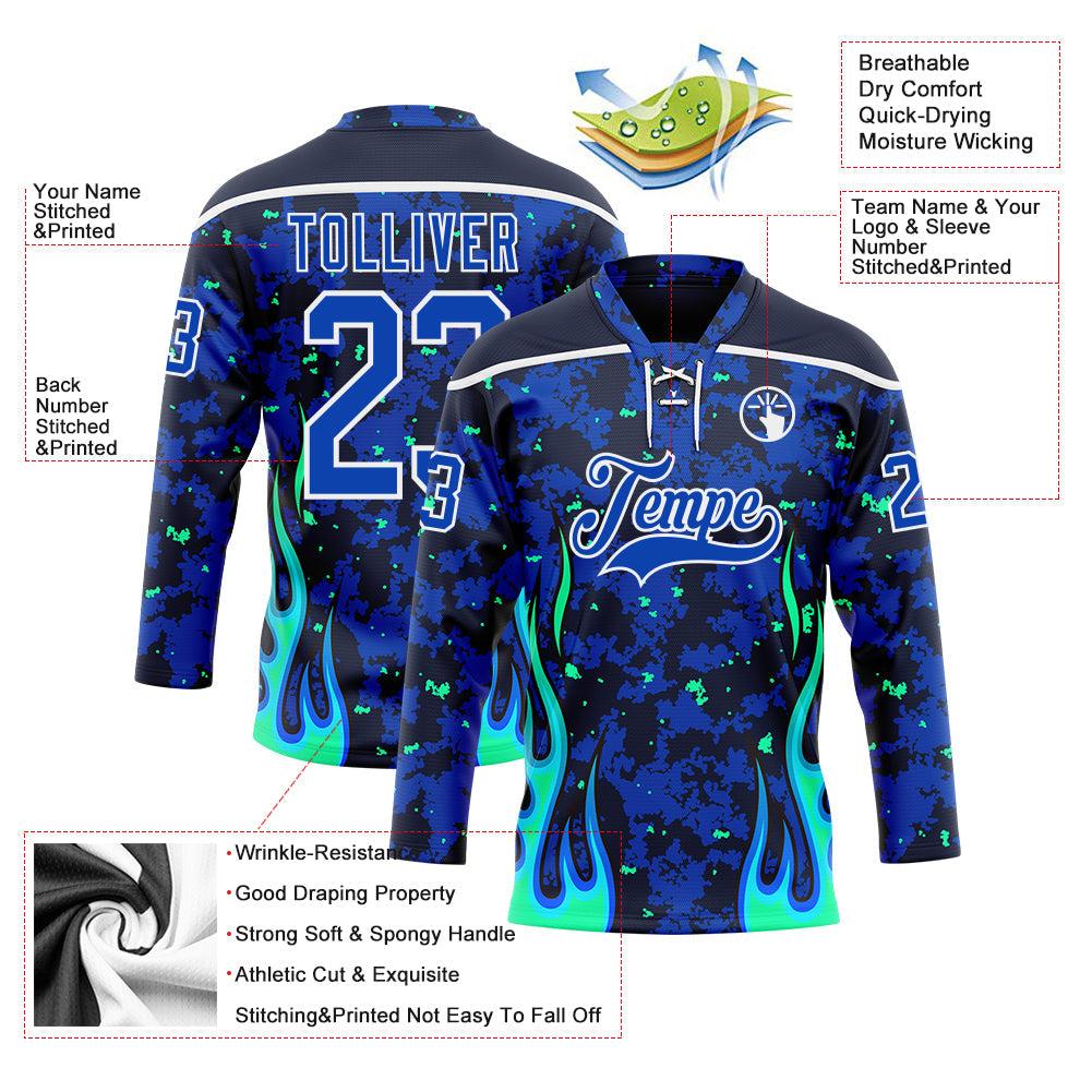 Custom Camo Thunder Blue Navy Green-White 3D Camouflage Flame Hockey Lace Neck Jersey view 5