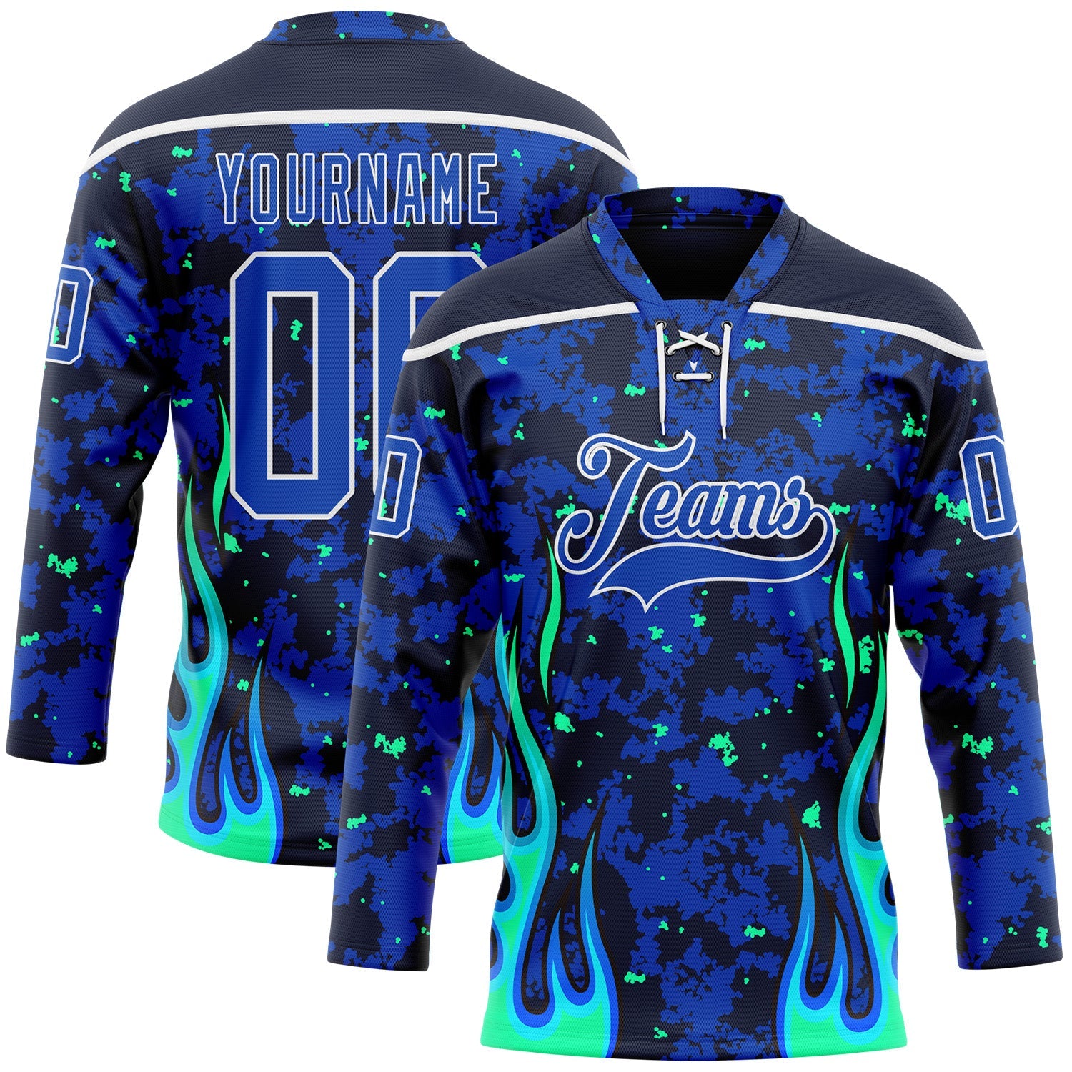 Custom Camo Thunder Blue Navy Green-White 3D Camouflage Flame Hockey Lace Neck Jersey - Main View